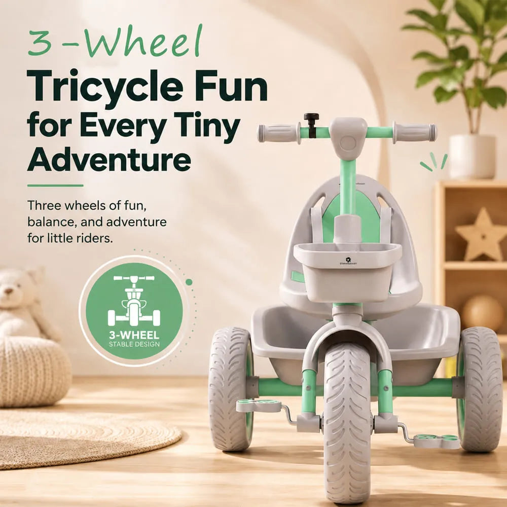 StarAndDaisy Kids Tricycle with Dual Storage Baskets & Safety Belt – 2–5 Years, Green