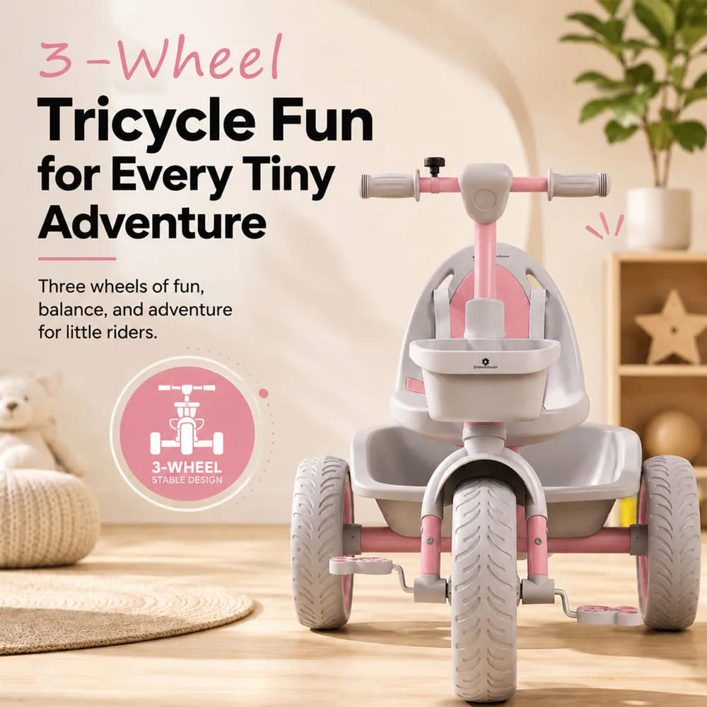 StarAndDaisy Kids Tricycle with Dual Storage Baskets & Safety Belt – 2–5 Years, Pink