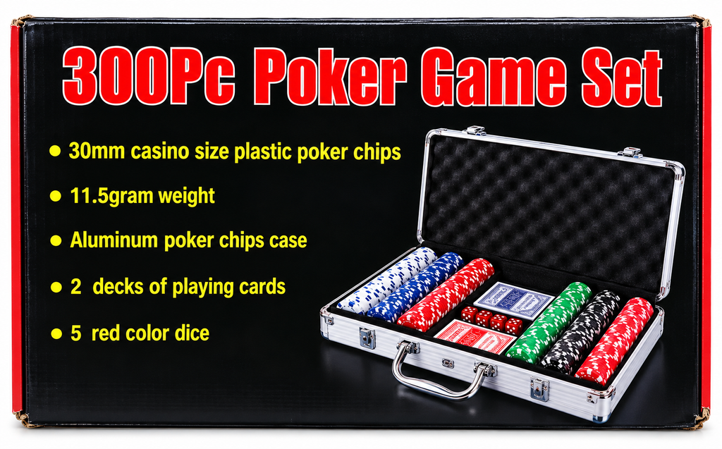 300 Pcs Poker Game Set with Aluminium Carry Case | 30mm Casino Size Poker Chips, Playing Cards & Dice