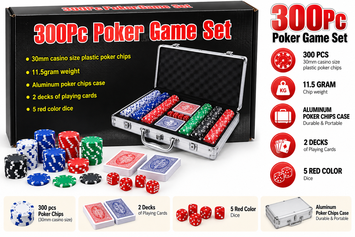 300 Pcs Poker Game Set with Aluminium Carry Case | 30mm Casino Size Poker Chips, Playing Cards & Dice