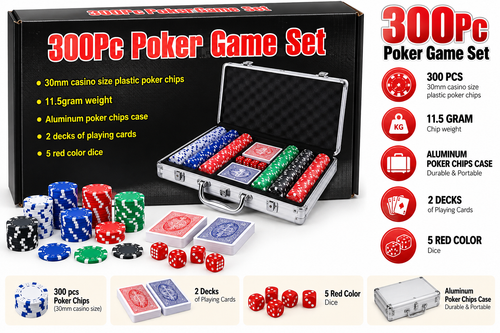 300 Pcs Poker Game Set with Aluminium Carry Case | 30mm Casino Size Poker Chips, Playing Cards & Dice