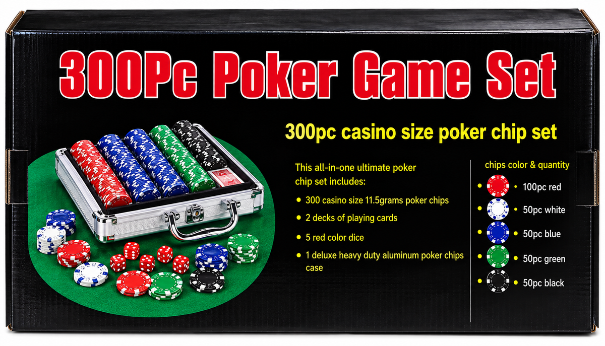 300 Pcs Poker Game Set with Aluminium Carry Case | 30mm Casino Size Poker Chips, Playing Cards & Dice