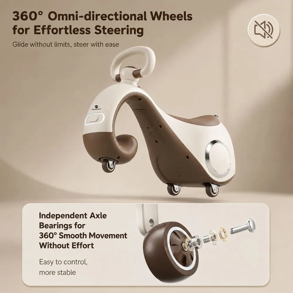 StarAndDaisy Minimovo Baby Balance Bike & Swing Car with Lights, Music & Storage – Brown