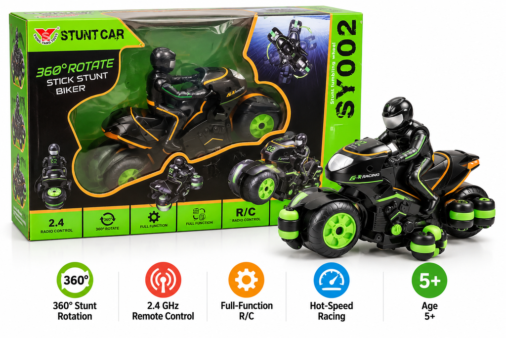Song Yang Toys 360° Rotating Stunt Car Bike with Rider, 2.4GHz Remote Control Stunt Biker, Age 5+