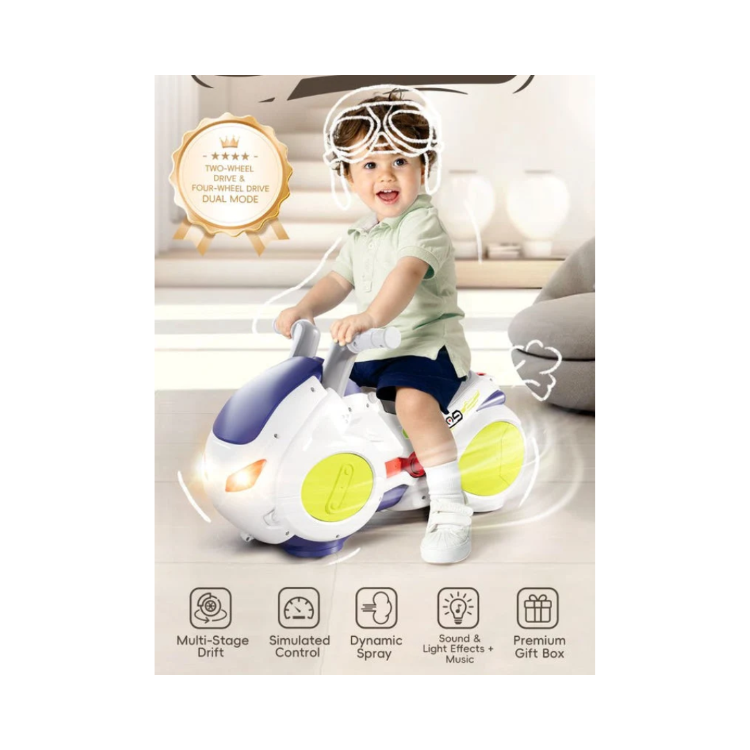 Hola Drifting Motorcycle Ride-On Toy for Kids 2 Drifting Modes Interactive Dashboard Dynamic Spray Effect Balance & Coordination