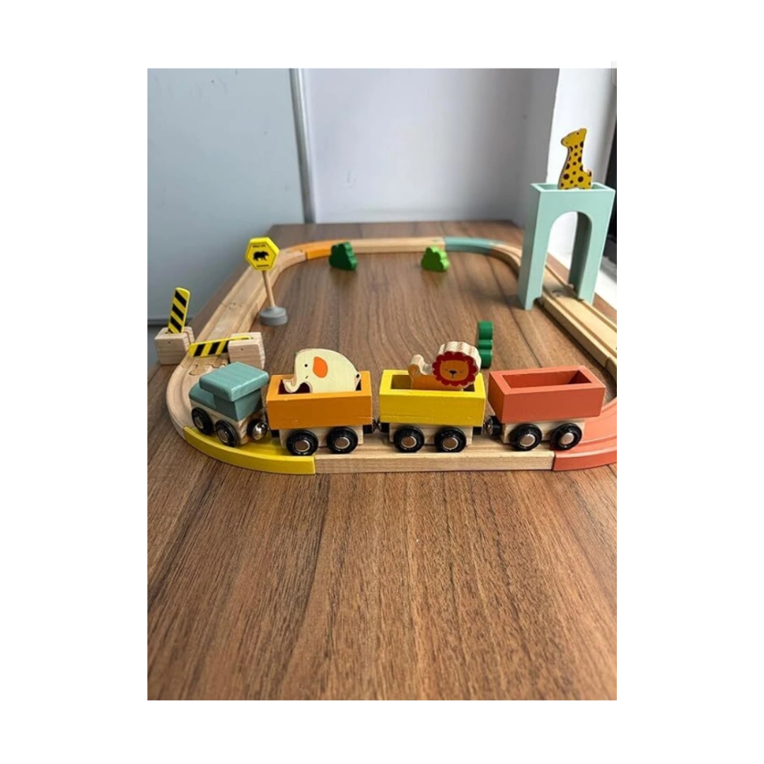 Playbox Wild Track Train – Safari Wooden Railway Set with 3 Animal Figures & Tunnel for Kids