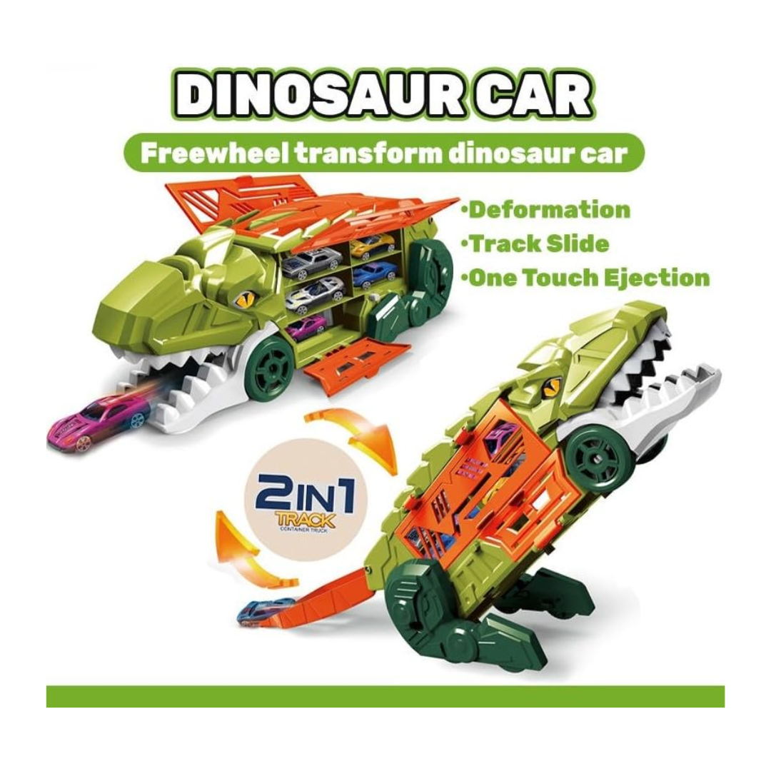 Dino Parking Lot 2-in-1 Transforming Dinosaur Car Carrier Truck Playset with Alloy Cars