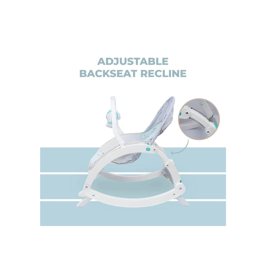 R For Rabbit 3 in 1 Rock N Play Rocker - Adjustable Backrest Recline, Detachable Toy Bar, Soothing Music & Vibration, Adjustable Green Grey