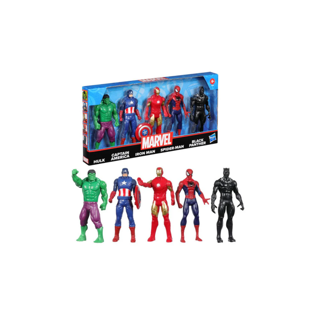 Marvel 6-Inch Hulk, Captain America, Iron Man, Spider-Man, & Black Panther Action Figure Set with Shield Accessory