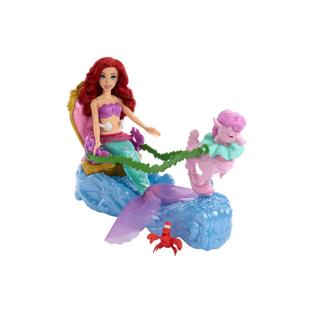 Mattel Disney Princess Ariel Mermaid Doll & Rolling Chariot with Removable Fashion Tail & Sebastian Figure