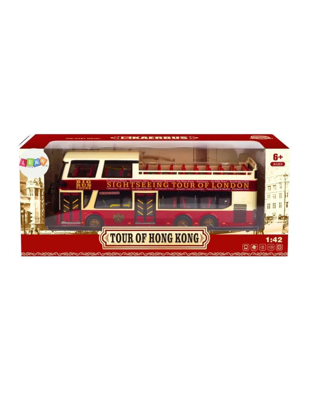 Tour of Hong Kong Big Bus Toy Sightseeing Double Decker Bus Model, 1:42 Scale, 6+ Years