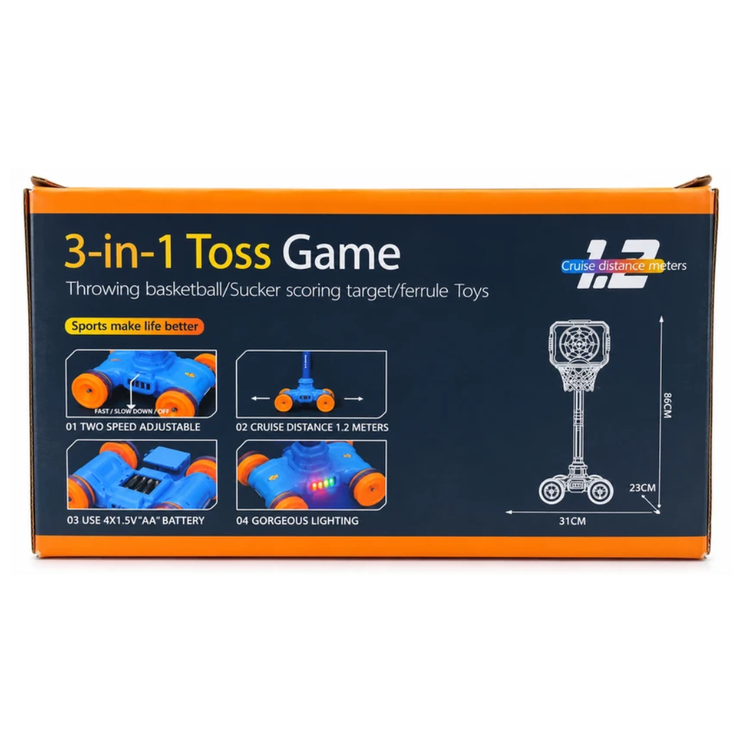 3-in-1 Toss Game for Kids – Basketball, Sucker Target & Ferrule Toss with Adjustable Stand