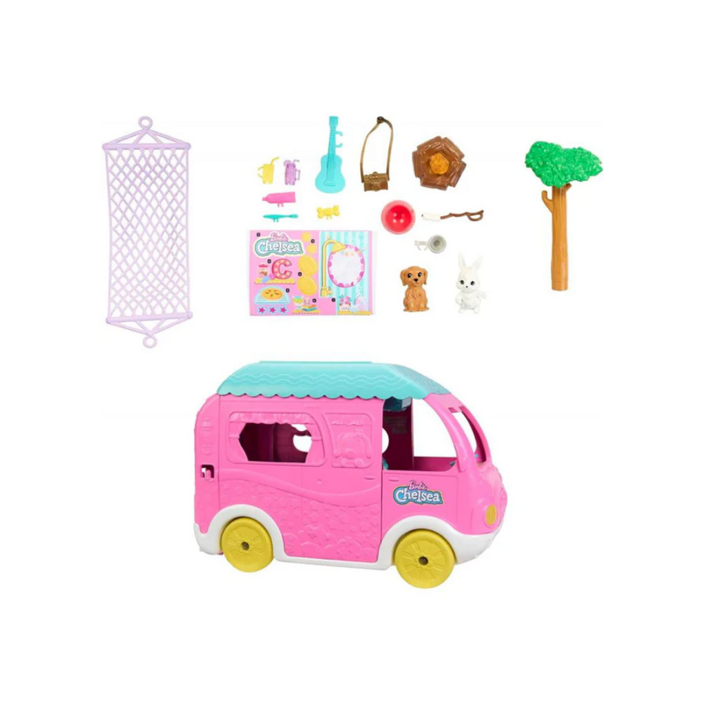 Mattel Barbie Chelsea 2-in-1 Camper Playset With Chelsea Small Doll, 2 Pets and Accessories