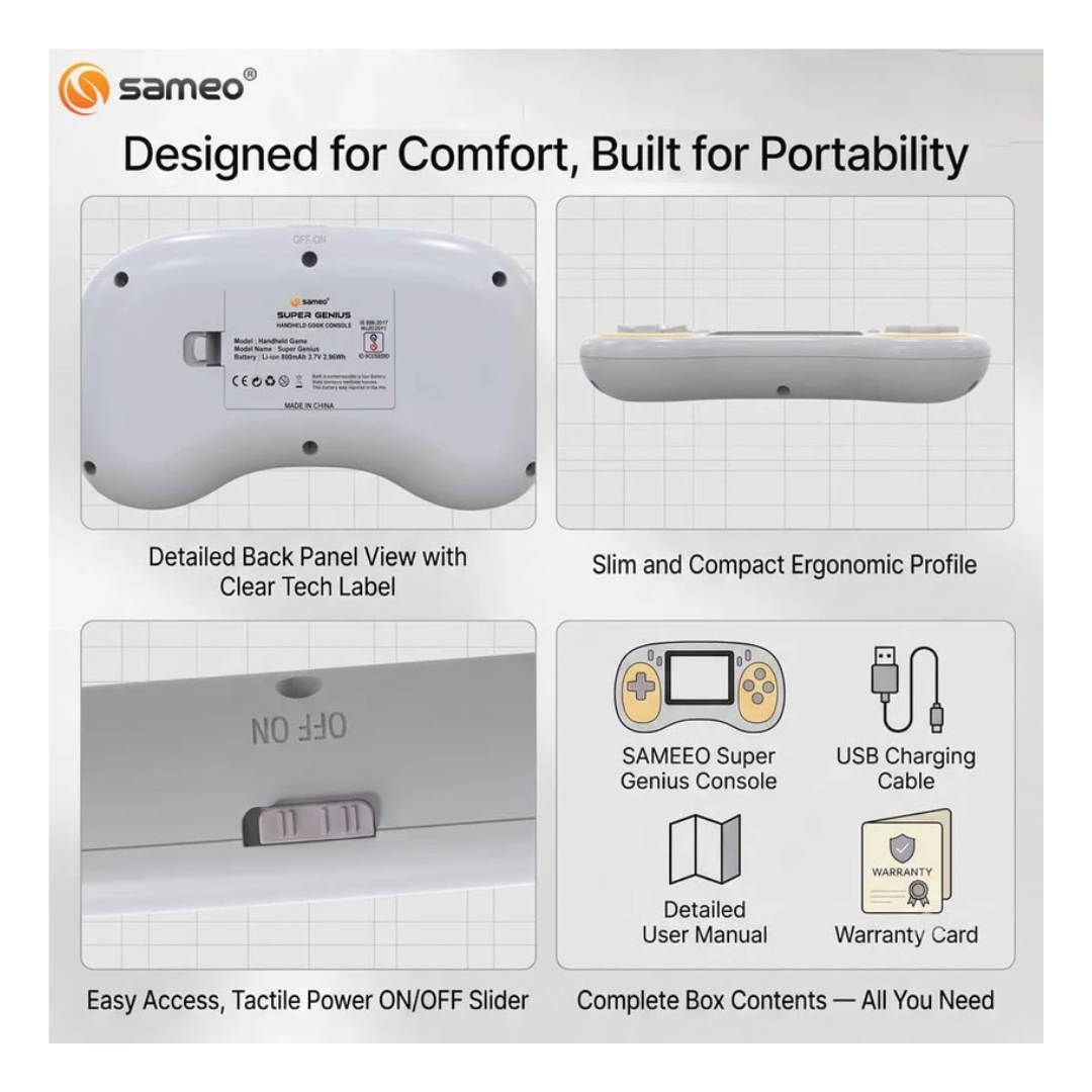 Sameo Super Genius Handheld Gaming Console with 500 Classic 8-Bit Games, 2.4" LCD Screen & 600mAh Battery Yellow