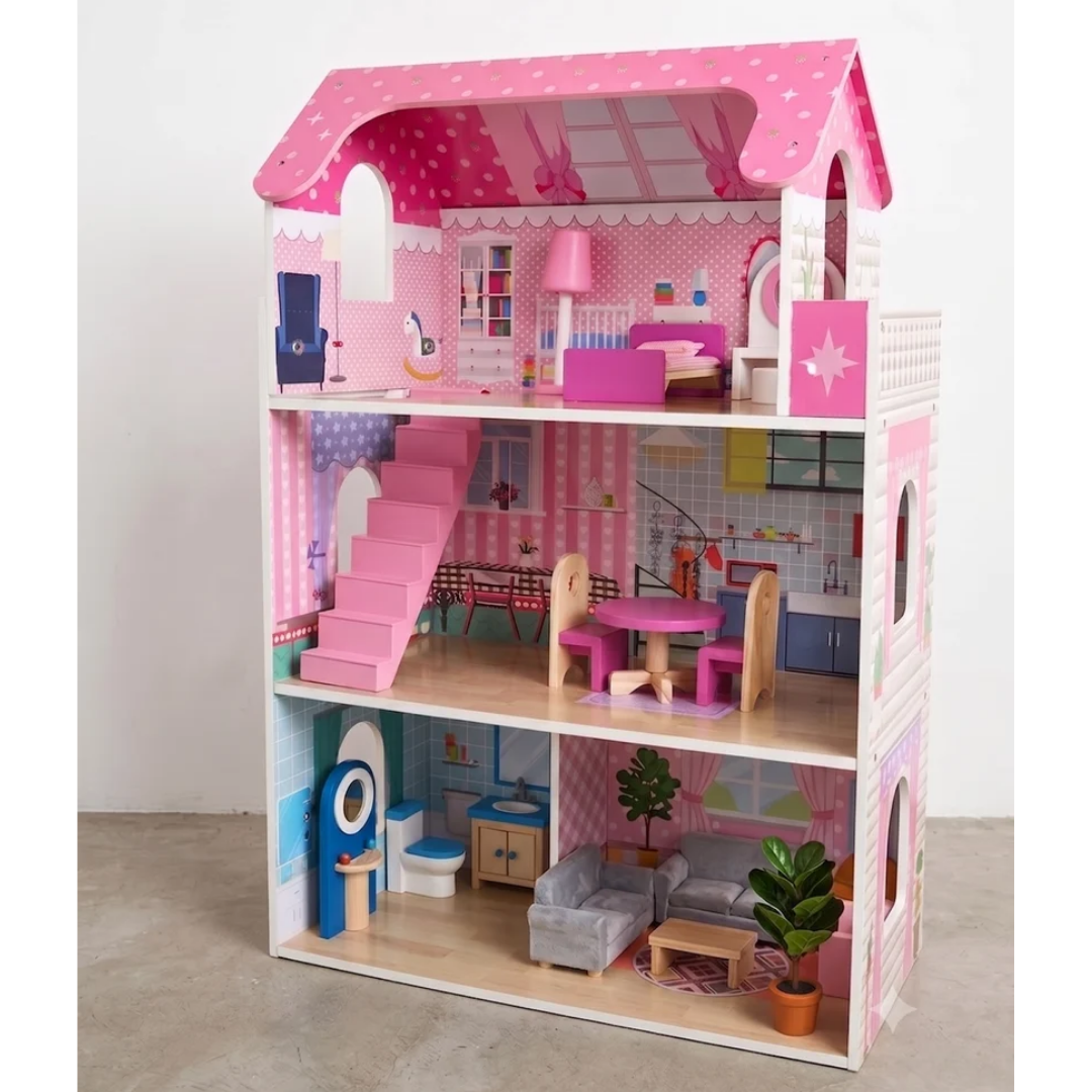 Rainbow Toys Pink Doll Room Wooden Dollhouse with Furniture Set for Kids