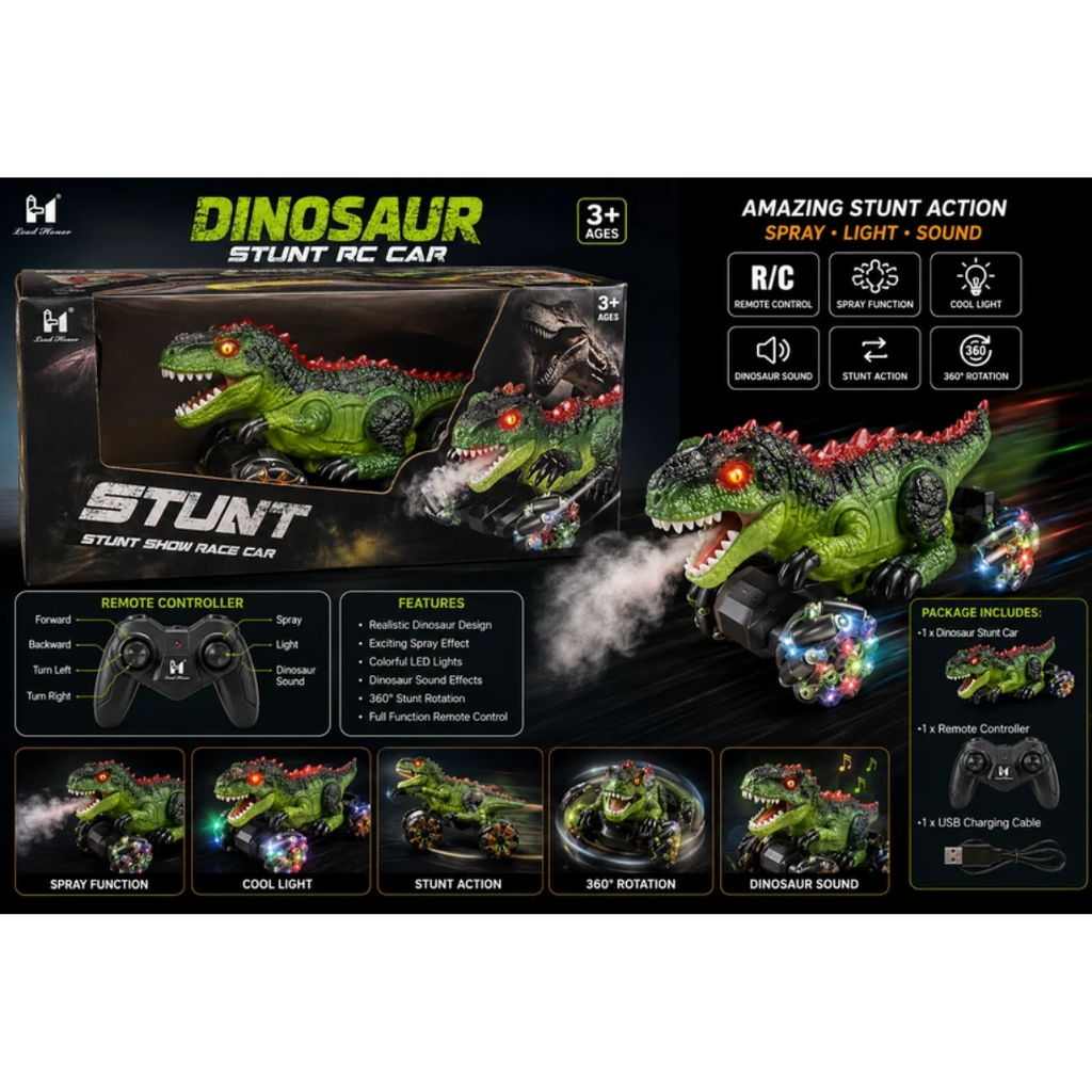 Dinosaur Stunt Remote Control Car with Spray, Light & Sound for Kids