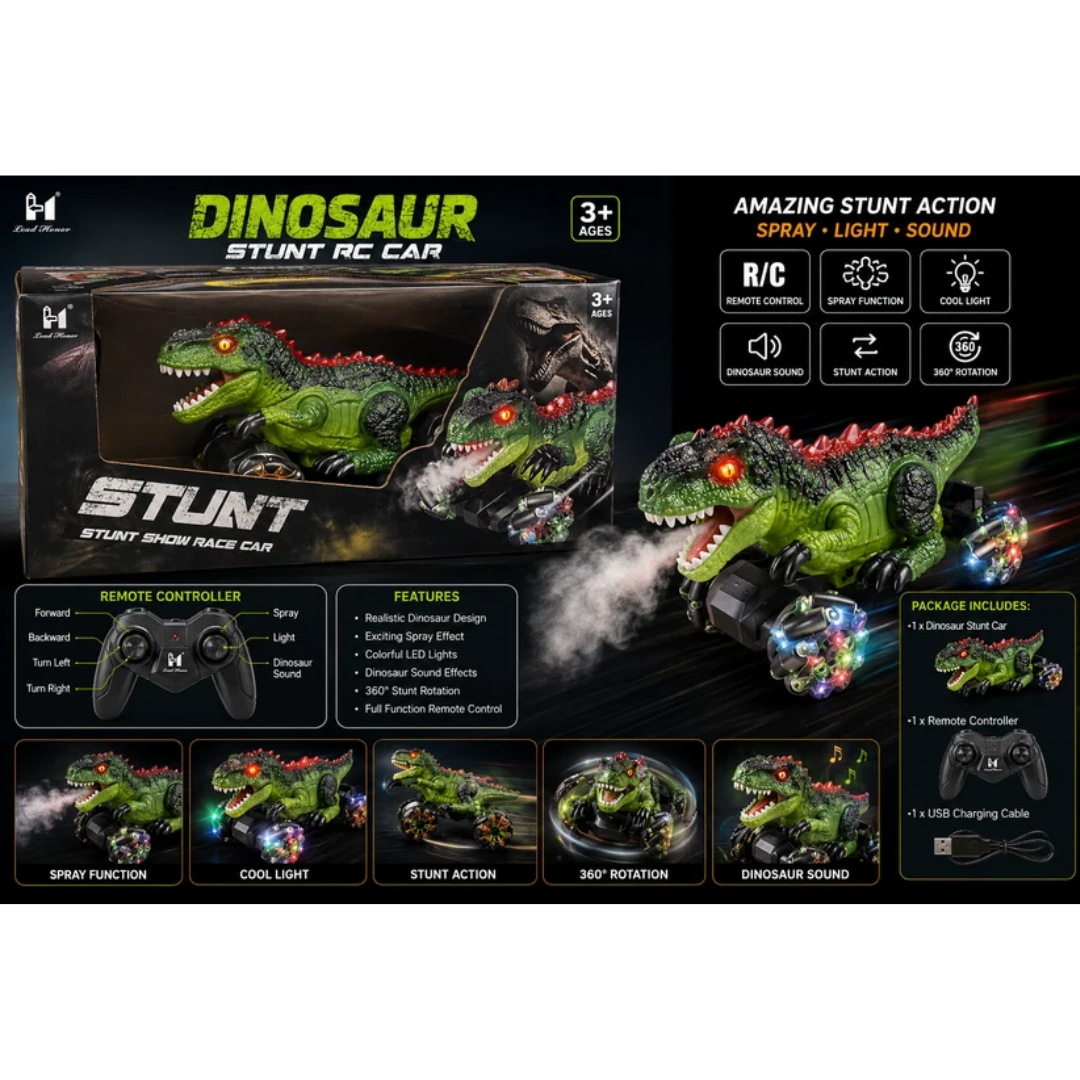 Dinosaur Stunt Remote Control Car with Spray, Light & Sound for Kids