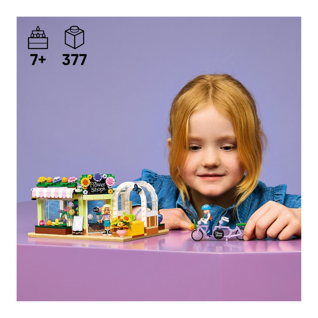 LEGO Friends Creative Flower Shop Building Set 42693, 377 Pieces, Flower Store with 2 Minidolls & Tandem Bicycle – 7+ Years