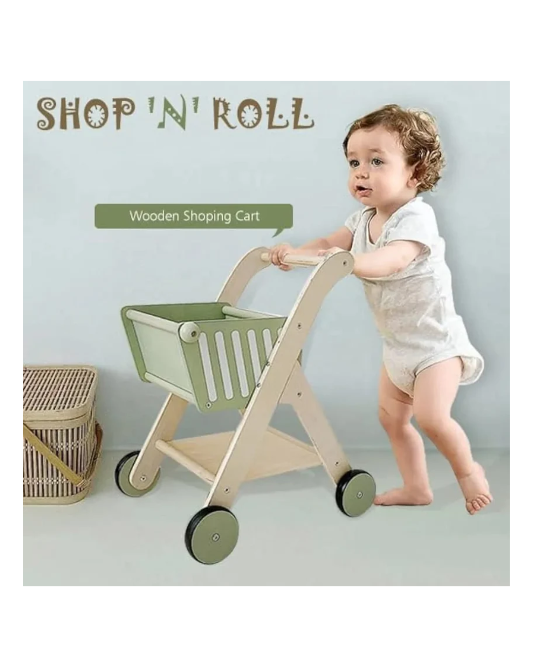 Playblox Shop 'N' Roll Wooden Shopping Trolley – Durable Pretend Play Grocery Cart for Toddlers, Easy Assembly Wooden Push Toy Set