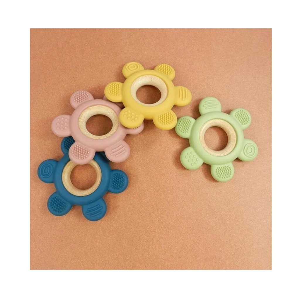 Playblox Flower Teether – 100% Food-Grade Silicone & Natural Beech Wood Soothing Teething Ring for Babies, Non-Toxic Easy-Grip Sensory Toy, 1 Count