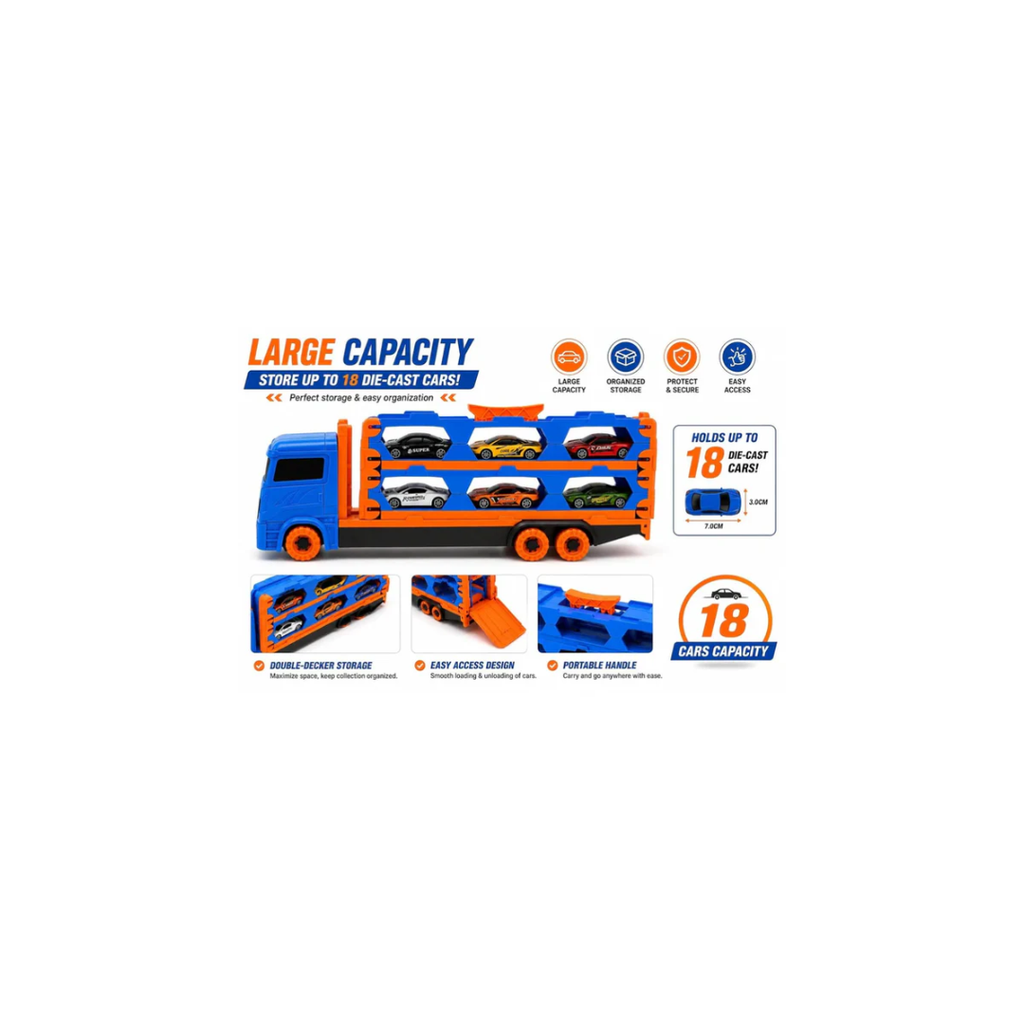 Fold Track Car Transporter Toy Truck with Race Track & 6 Die-Cast Cars