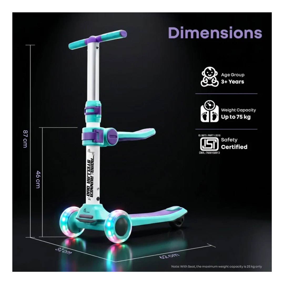 R For Rabbit Road Runner Stellar Duo 2 in 1 Kick Scooter with Attachable Seat Green Purple