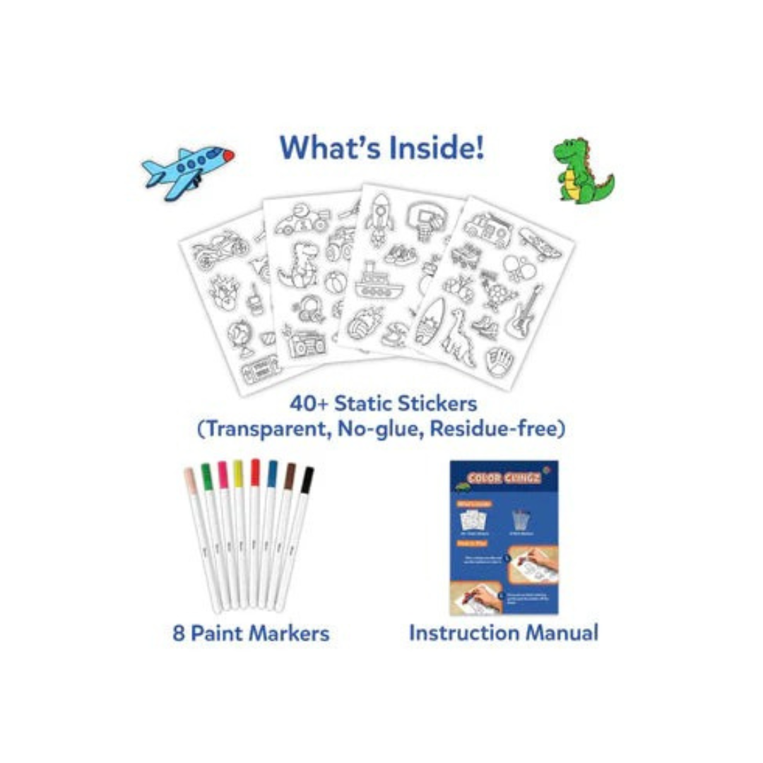 Skillmatics Color Clingz: Car Sports, Dinos & More! - Mess-Free Reusable Static Stickers
