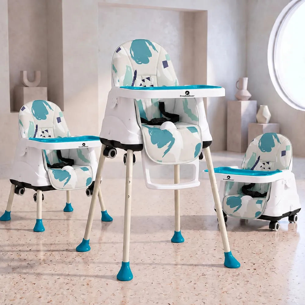 StarAndDaisy 3-in-1 Baby High Chair with Adjustable Double Tray & 3-Point Safety Belt – Blue & White