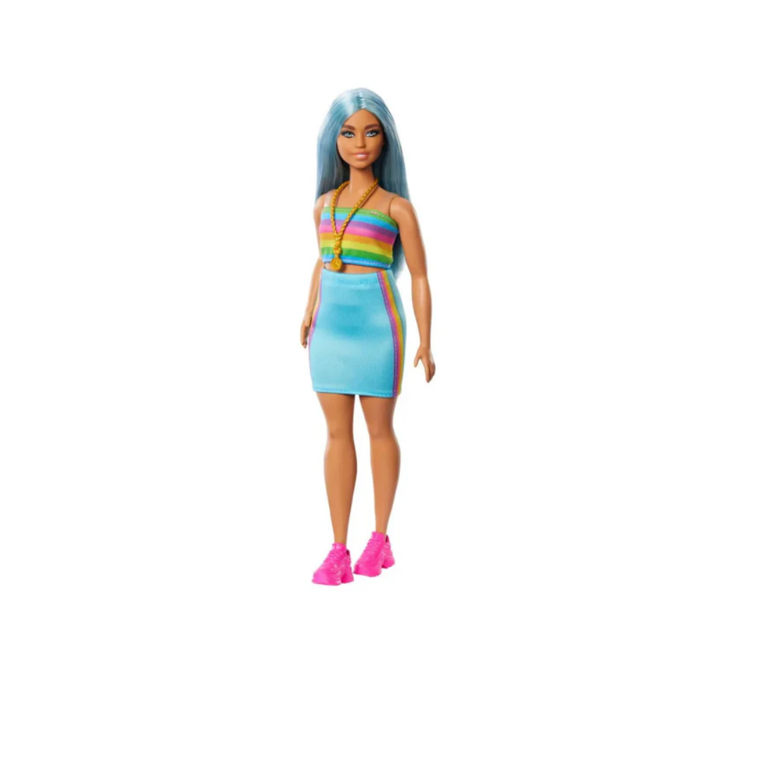 Barbie Fashionistas Doll #218 With Blue Hair, Rainbow Top & Teal Skirt, 65th Anniversary