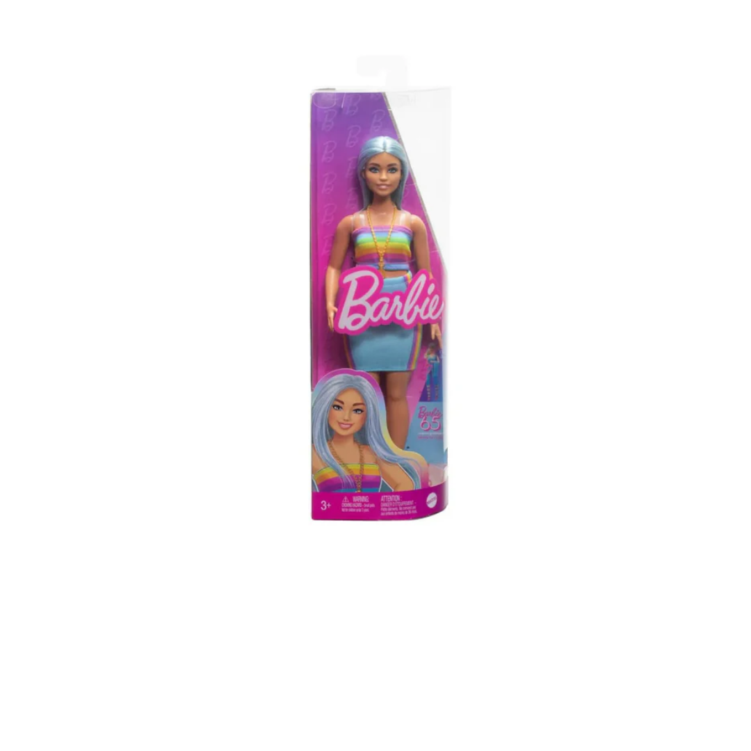 Barbie Fashionistas Doll #218 With Blue Hair, Rainbow Top & Teal Skirt, 65th Anniversary