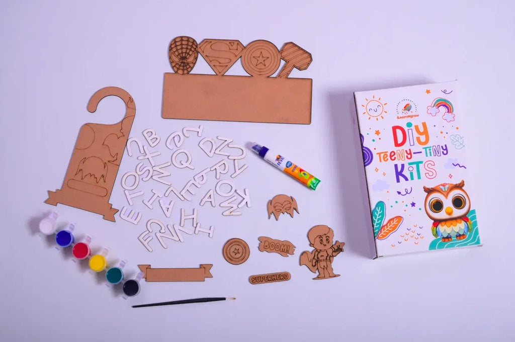 iLearnNGrow Teeny Tiny Superhero DIY Name Plate Kit & Door Knob Kit – Room Decor Craft for Kids