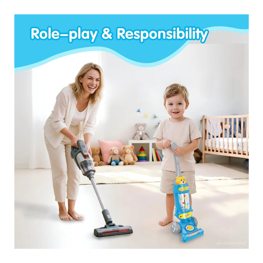 Cute Bear Magical Vacuum Cleaner Toy with Interactive Lights, Melodies & Floor Roller for Kids