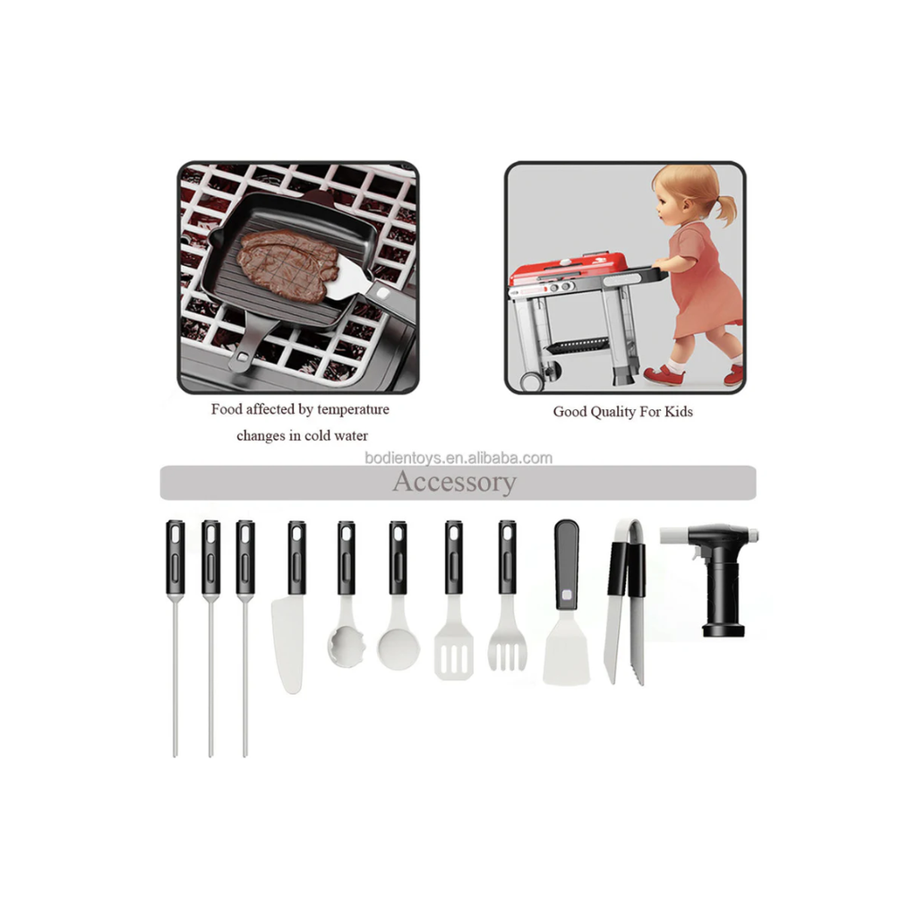 Food Allince Kitchen Play Set Plastic Simulation Handcart BBQ Grill with Electric Flat Grills & Spray Real Cooking Playset