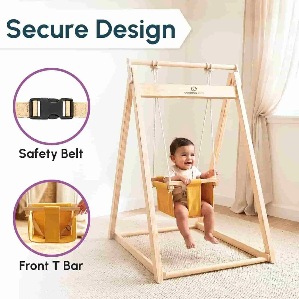 Curious Cub Wooden Baby Swing with Stand – Adjustable & Foldable