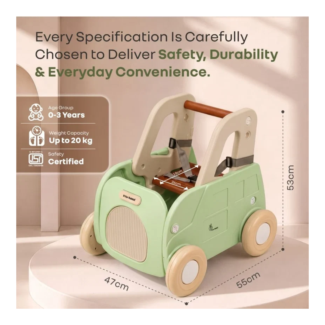 R For Rabbit Kiddie Kart 4 in 1 Kids Toy Storage Cart, Sit & Ride, Push Walker & Pull Along Green Beige