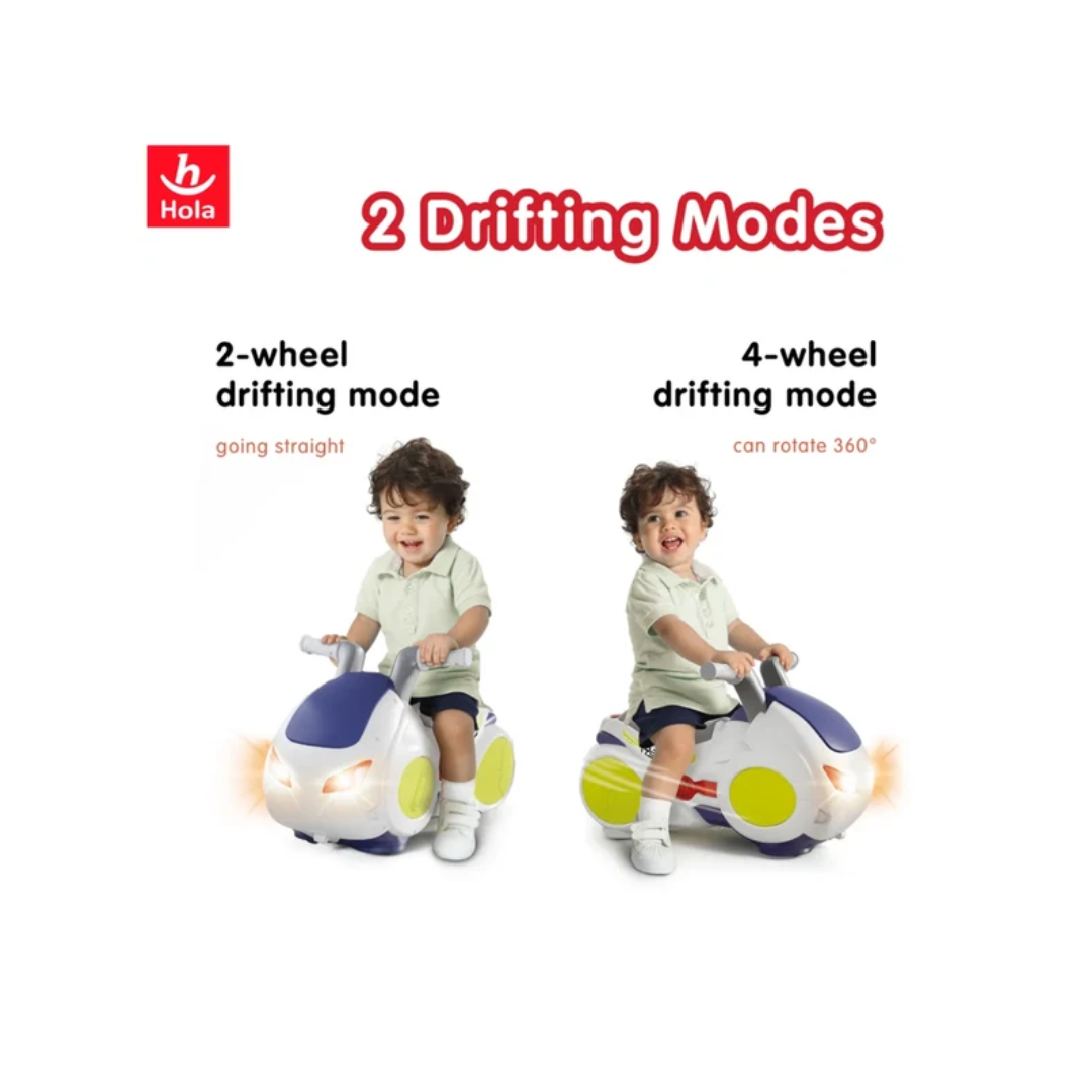 Hola Drifting Motorcycle Ride-On Toy for Kids 2 Drifting Modes Interactive Dashboard Dynamic Spray Effect Balance & Coordination