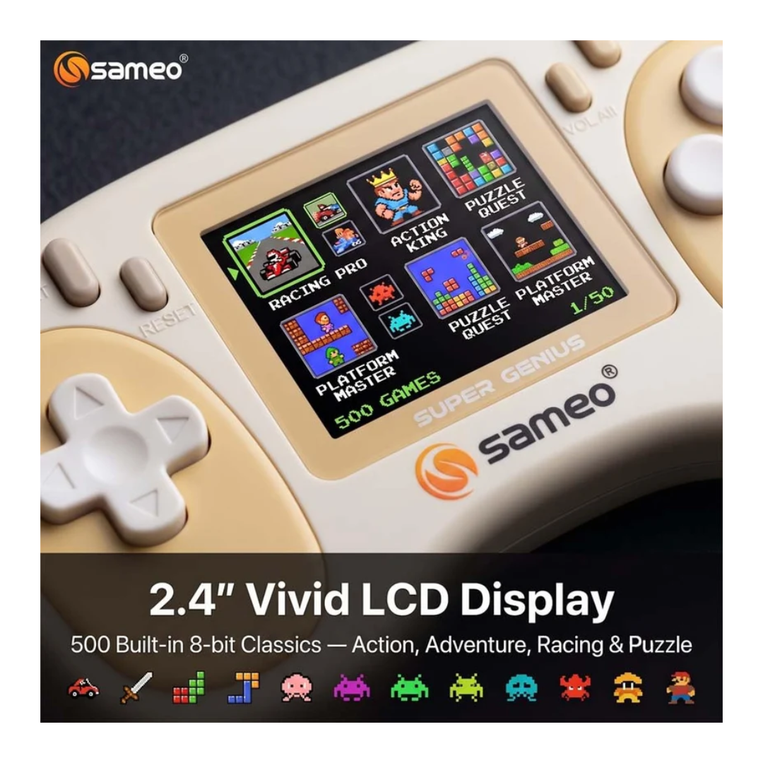 Sameo Super Genius Handheld Gaming Console with 500 Classic 8-Bit Games, 2.4" LCD Screen & 600mAh Battery Yellow