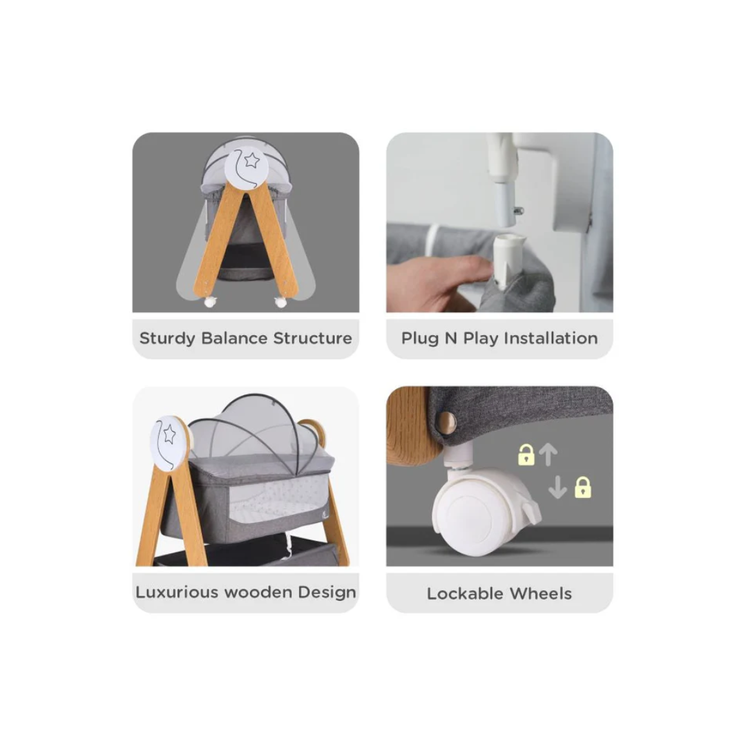 R for Rabbit Lullabies Woodsy Baby Cradle - Electric Cradle for Babies Grey