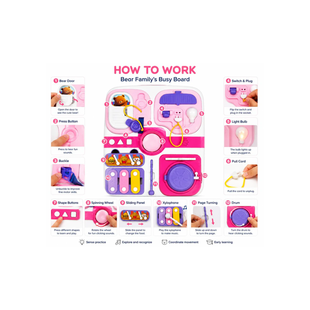 Abero Montessori Busy Board Sensory Activity Board with Switches, Locks, Buttons, Light & Learning Activities
