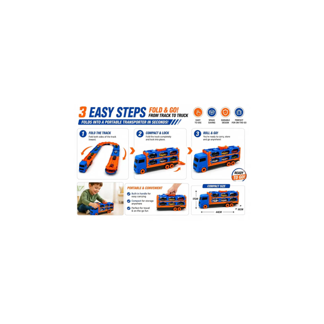Fold Track Car Transporter Toy Truck with Race Track & 6 Die-Cast Cars