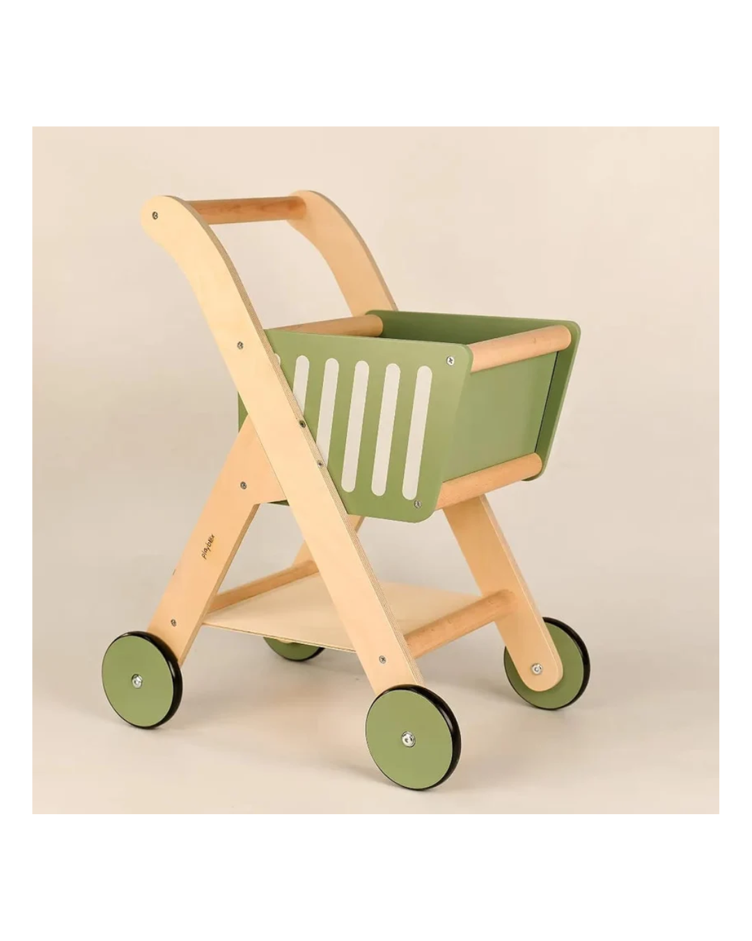 Playblox Shop 'N' Roll Wooden Shopping Trolley – Durable Pretend Play Grocery Cart for Toddlers, Easy Assembly Wooden Push Toy Set
