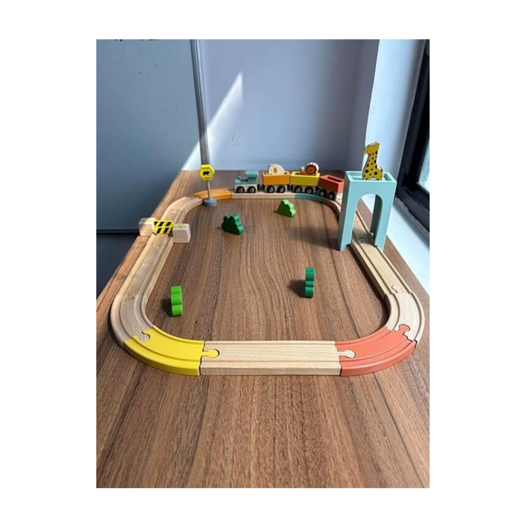 Playbox Wild Track Train – Safari Wooden Railway Set with 3 Animal Figures & Tunnel for Kids