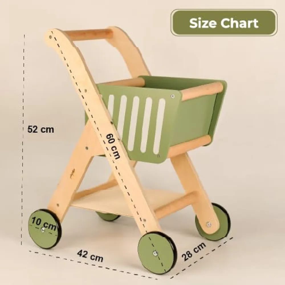 Playblox Shop 'N' Roll Wooden Shopping Trolley – Durable Pretend Play Grocery Cart for Toddlers, Easy Assembly Wooden Push Toy Set