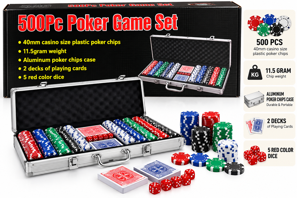 500 Pcs Poker Game Set with Aluminium Carry Case | 40mm Casino Size Poker Chips, Playing Cards & Dice