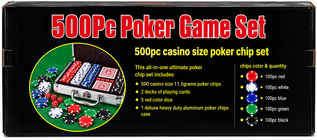 500 Pcs Poker Game Set with Aluminium Carry Case | 40mm Casino Size Poker Chips, Playing Cards & Dice