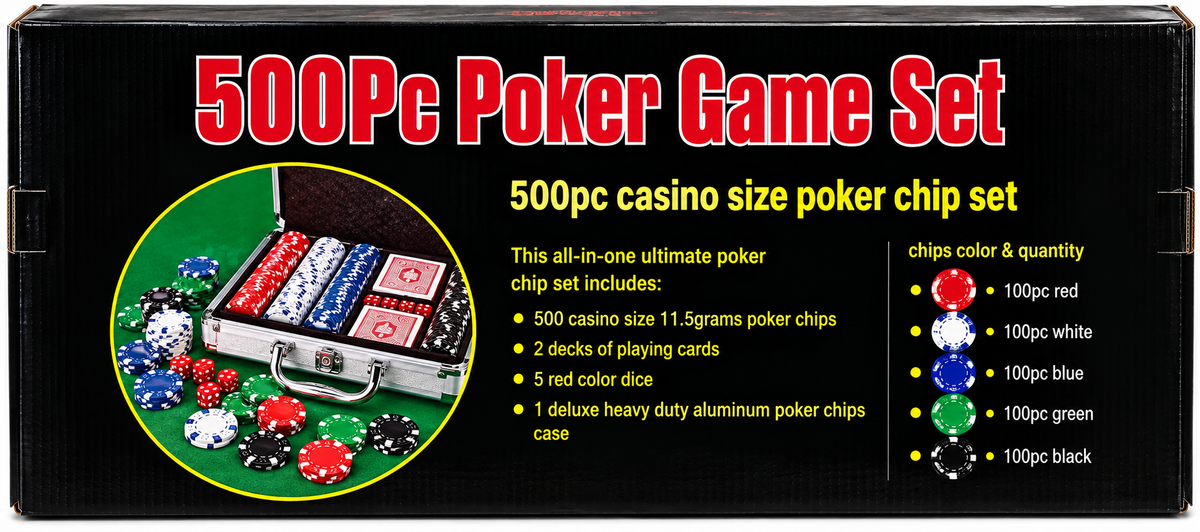 500 Pcs Poker Game Set with Aluminium Carry Case | 40mm Casino Size Poker Chips, Playing Cards & Dice