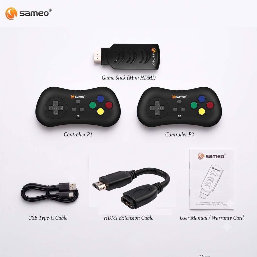 Sameo Micro Genius 2.0 8-Bit HDMI Gaming Console 800 Built-in Classic Games Dual Wireless Controllers Black