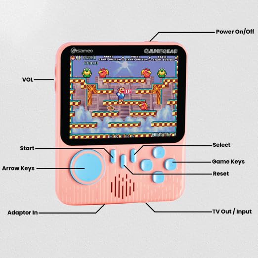 Sameo Gamegear Handheld Video Game Console, Retro Mini Game with 666 Classic Retro Game TV Compatible for Kids, Rechargeable 8 Bit Classic (Candy Pink)