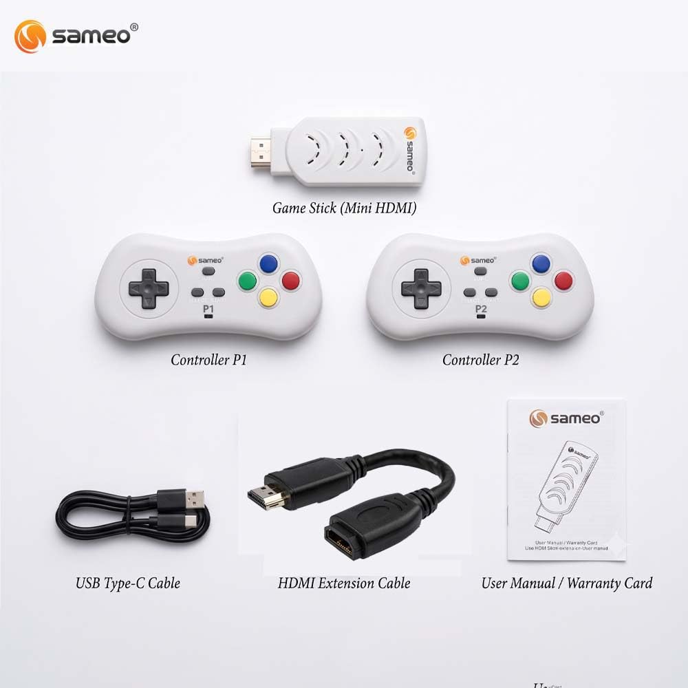 Sameo Micro Genius 2.0 White 8-Bit HDMI Gaming Console 800 Built-in Classic Games Dual Wireless Controllers