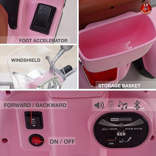 Rainbow Toys Vespa 12v Battery Operated Rechargeable Ride On Scooter with Music & Lights (Pink, Double Seater)